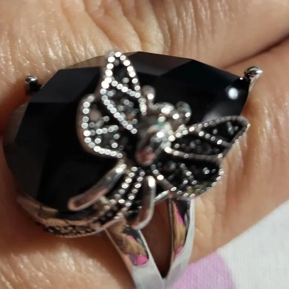 Black Agate/ Hematite Butterfly Stainless Steel Ring